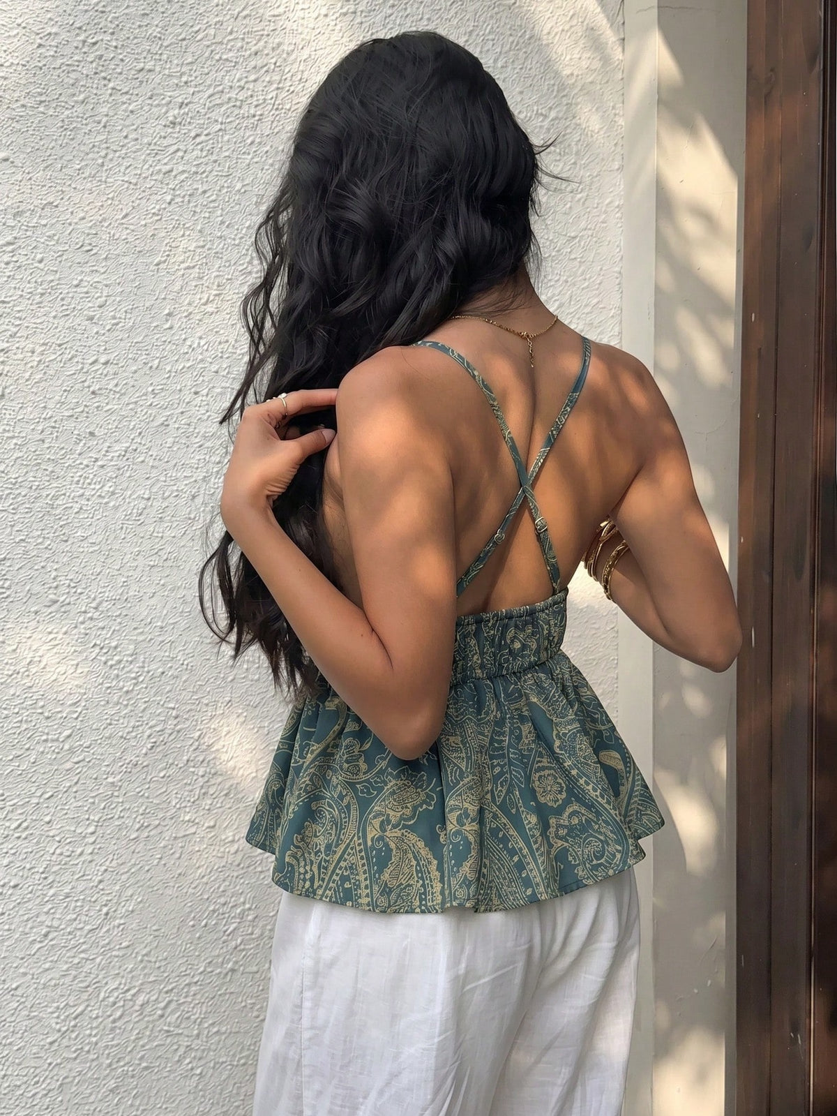Sunnyshic Women's Summer Vacation Casual Bohemian Print Backless Ruffle Hem Camisole