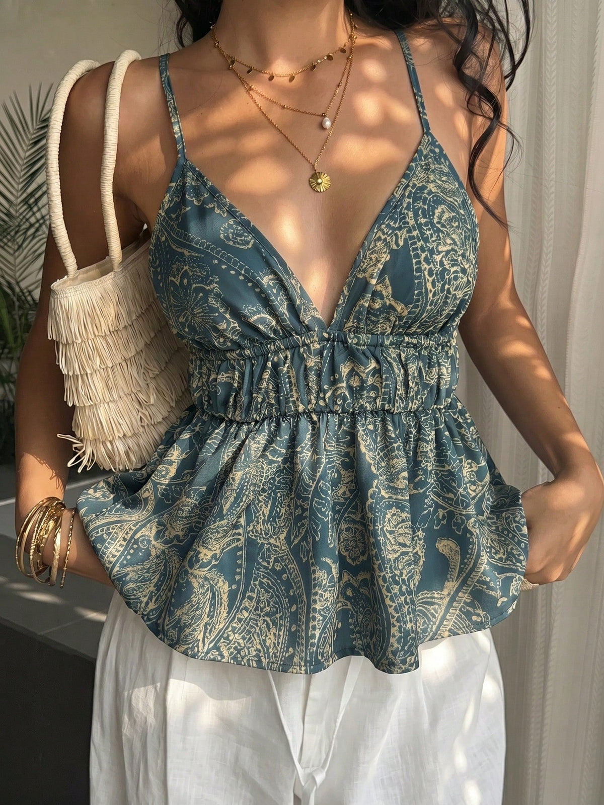 Sunnyshic Women's Summer Vacation Casual Bohemian Print Backless Ruffle Hem Camisole