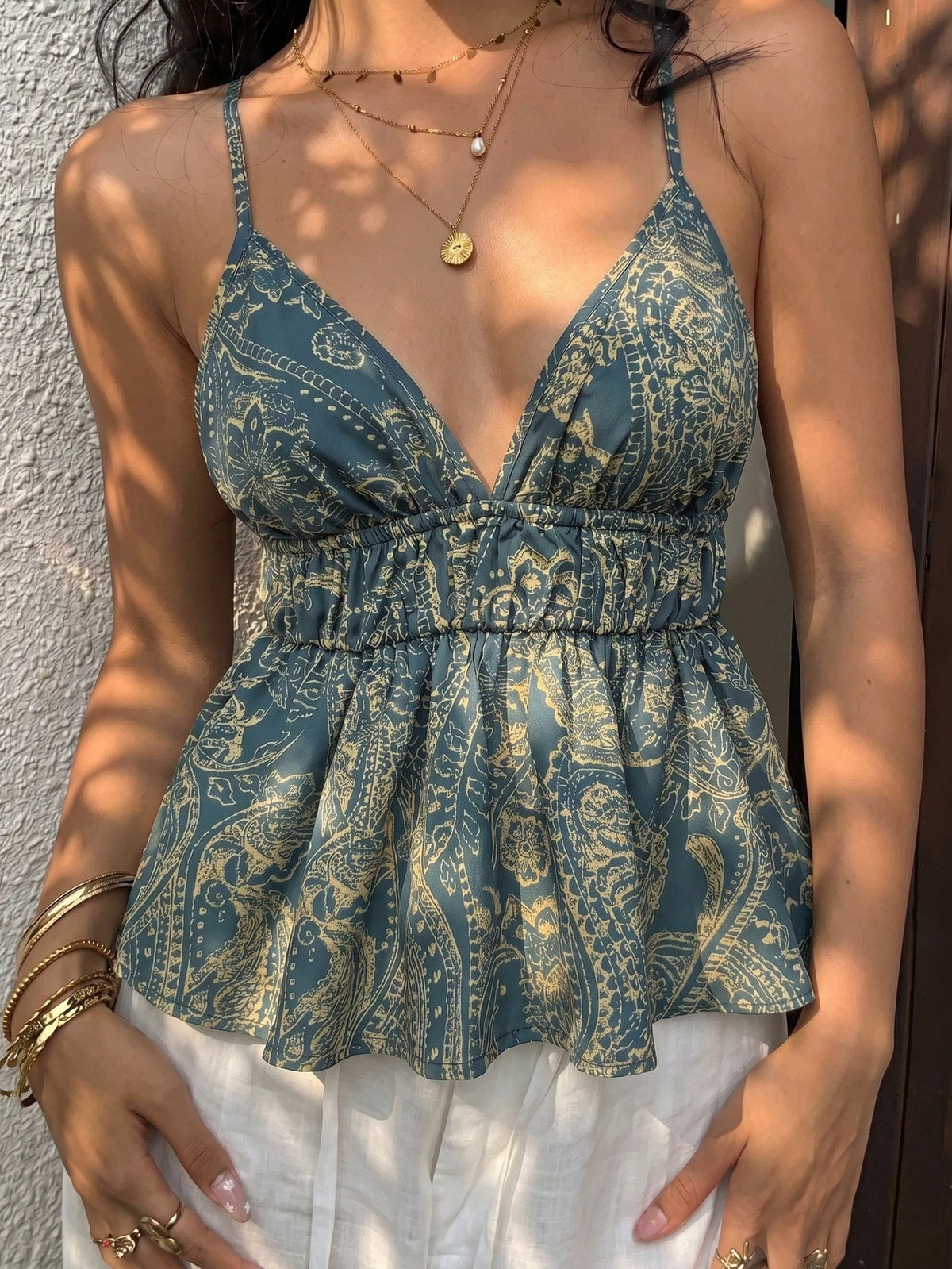 Sunnyshic Women's Summer Vacation Casual Bohemian Print Backless Ruffle Hem Camisole