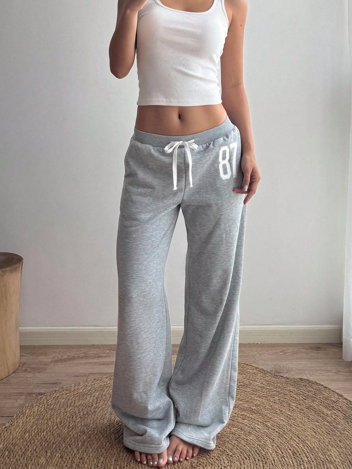 Sunnyshic Women Summer Loose Casual Joggers Light Grey,Winter,Athleisure,Gym,Back-To-School Number 87 Embroidery,Low Waist,Drawstring,Flared Leg Vintage Sports