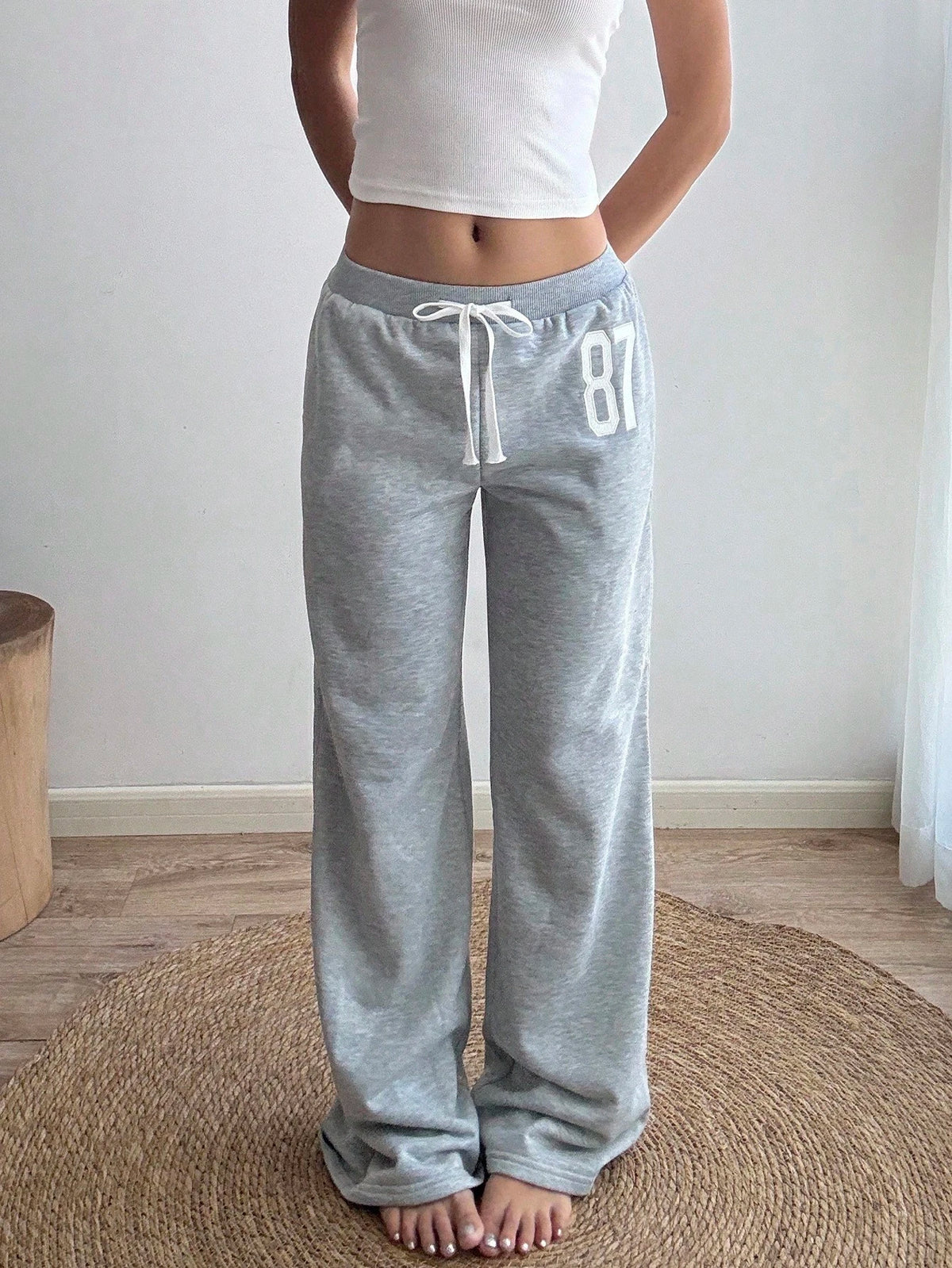 Sunnyshic Women Summer Loose Casual Joggers Light Grey,Winter,Athleisure,Gym,Back-To-School Number 87 Embroidery,Low Waist,Drawstring,Flared Leg Vintage Sports