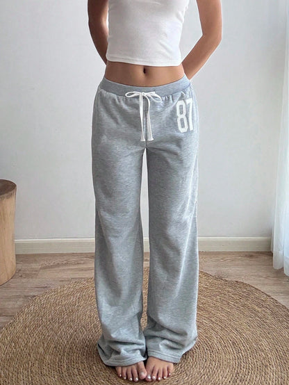 Sunnyshic Women Summer Loose Casual Joggers Light Grey,Winter,Athleisure,Gym,Back-To-School Number 87 Embroidery,Low Waist,Drawstring,Flared Leg Vintage Sports