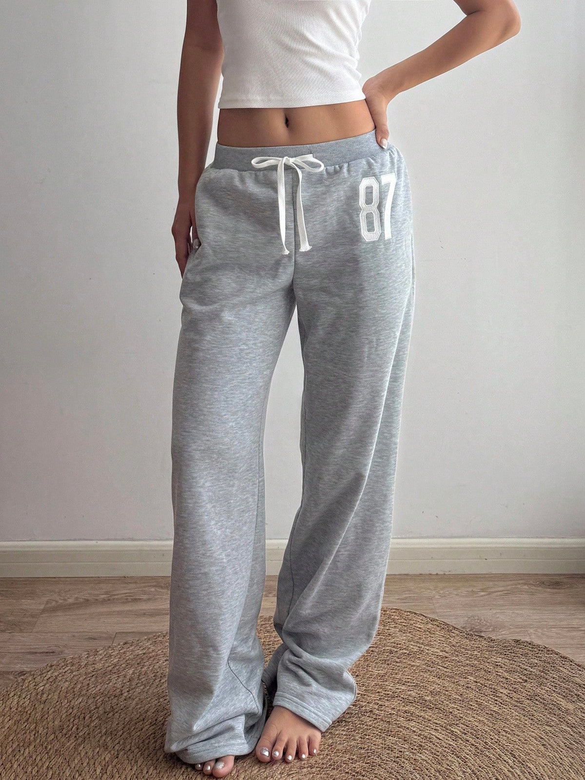 Sunnyshic Women Summer Loose Casual Joggers Light Grey,Winter,Athleisure,Gym,Back-To-School Number 87 Embroidery,Low Waist,Drawstring,Flared Leg Vintage Sports