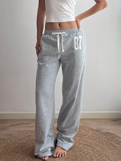 Sunnyshic Women Summer Loose Casual Joggers Light Grey,Winter,Athleisure,Gym,Back-To-School Number 87 Embroidery,Low Waist,Drawstring,Flared Leg Vintage Sports