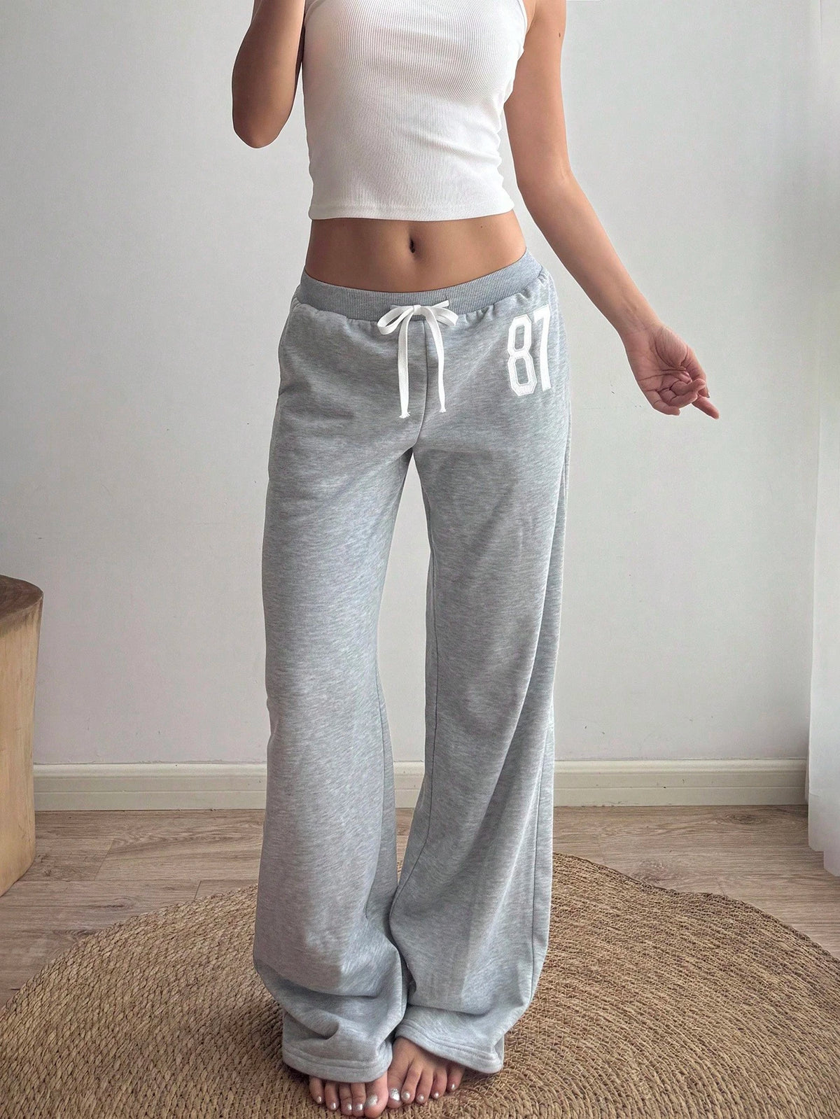 Sunnyshic Women Summer Loose Casual Joggers Light Grey,Winter,Athleisure,Gym,Back-To-School Number 87 Embroidery,Low Waist,Drawstring,Flared Leg Vintage Sports