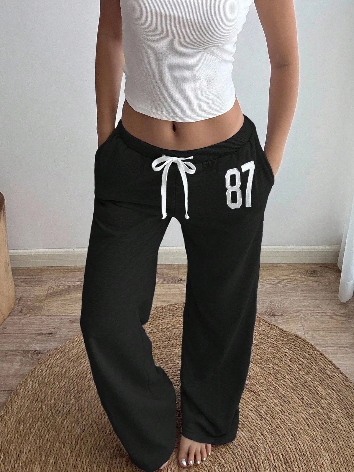 Sunnyshic Women Summer Loose Casual Joggers Light Grey,Winter,Athleisure,Gym,Back-To-School Number 87 Embroidery,Low Waist,Drawstring,Flared Leg Vintage Sports