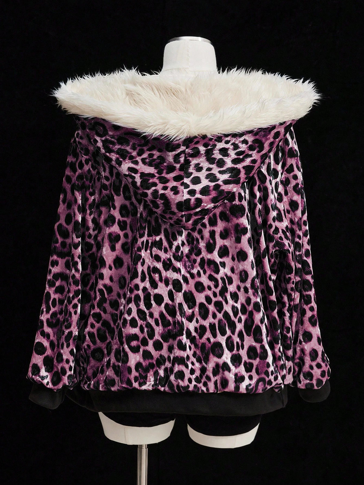 Sunspun Fashionable Leopard Print Velvet Hooded Faux Fur Lined Zip-Up Jacket Fall Winter
