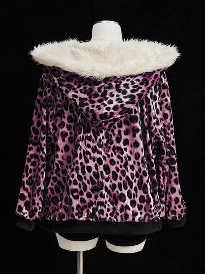 Sunspun Fashionable Leopard Print Velvet Hooded Faux Fur Lined Zip-Up Jacket Fall Winter