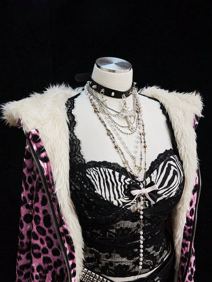 Sunspun Fashionable Leopard Print Velvet Hooded Faux Fur Lined Zip-Up Jacket Fall Winter