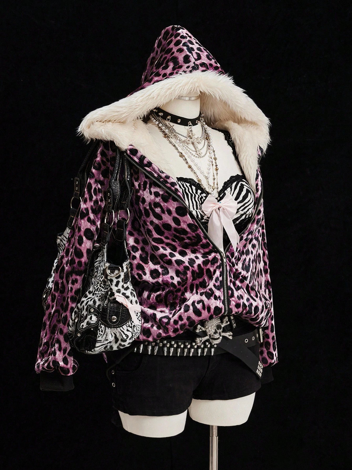 Sunspun Fashionable Leopard Print Velvet Hooded Faux Fur Lined Zip-Up Jacket Fall Winter