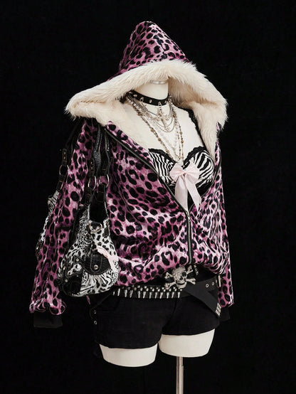 Sunspun Fashionable Leopard Print Velvet Hooded Faux Fur Lined Zip-Up Jacket Fall Winter