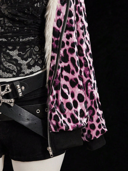 Sunspun Fashionable Leopard Print Velvet Hooded Faux Fur Lined Zip-Up Jacket Fall Winter