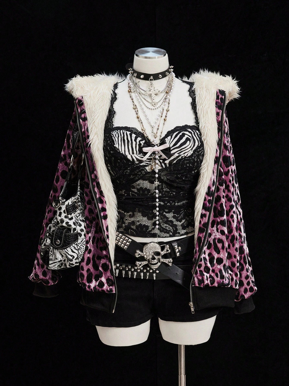 Sunspun Fashionable Leopard Print Velvet Hooded Faux Fur Lined Zip-Up Jacket Fall Winter