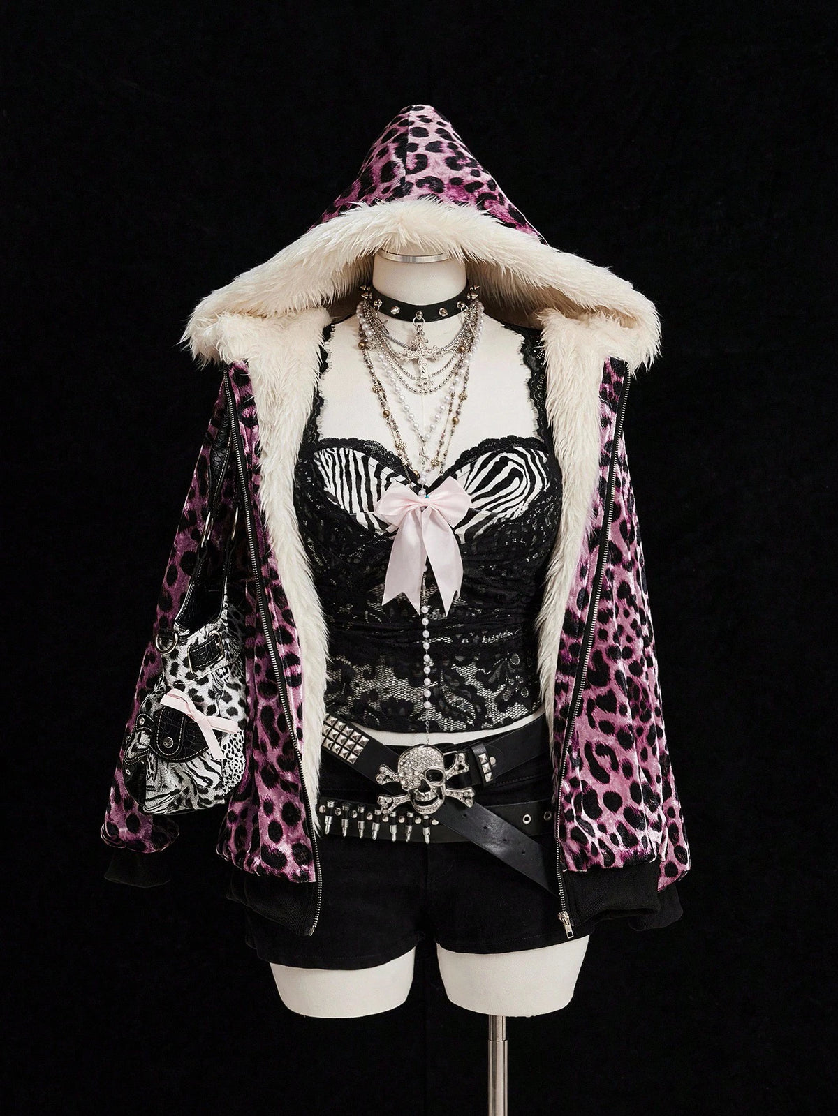 Sunspun Fashionable Leopard Print Velvet Hooded Faux Fur Lined Zip-Up Jacket Fall Winter