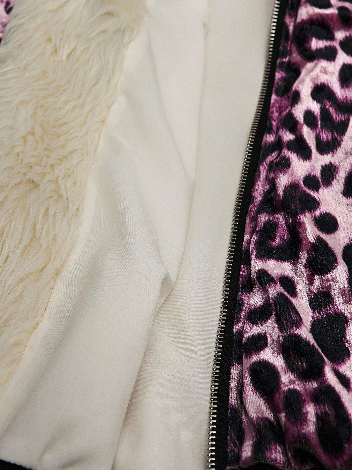 Sunspun Fashionable Leopard Print Velvet Hooded Faux Fur Lined Zip-Up Jacket Fall Winter