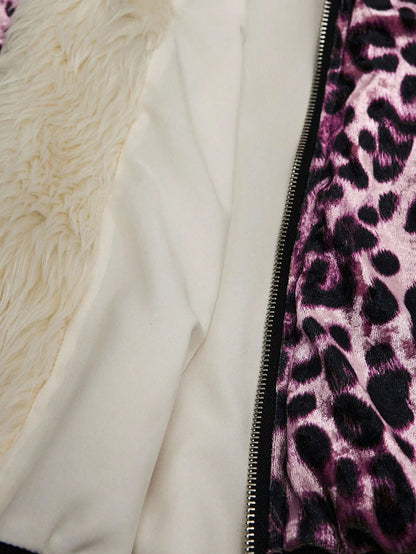 Sunspun Fashionable Leopard Print Velvet Hooded Faux Fur Lined Zip-Up Jacket Fall Winter