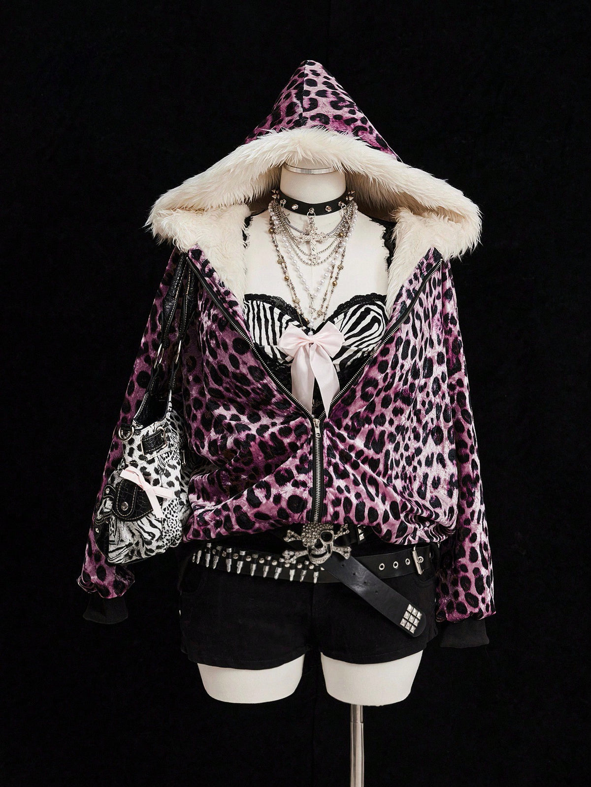 Sunspun Fashionable Leopard Print Velvet Hooded Faux Fur Lined Zip-Up Jacket Fall Winter