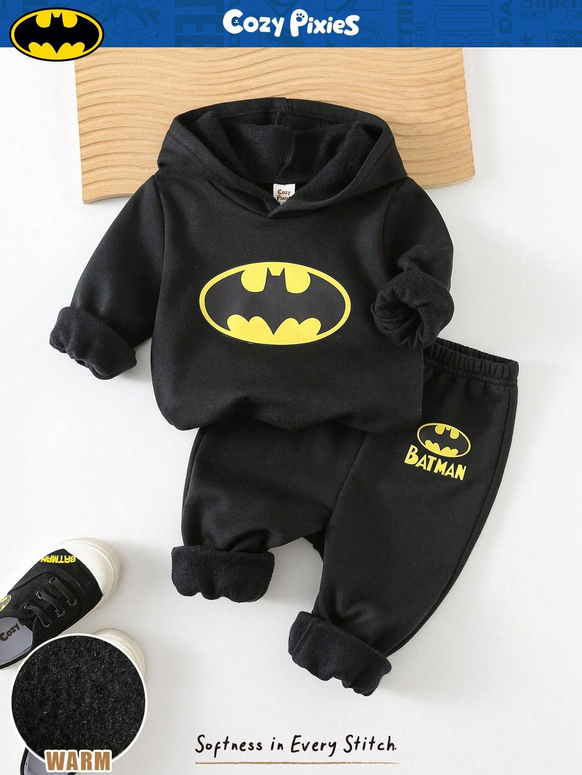 SUPERMAN X Cozy Pixies 2pcs Baby Boy Graphic Hoodie Sweatshirt And Elastic Waist Jogger Pants Set Fall Winter