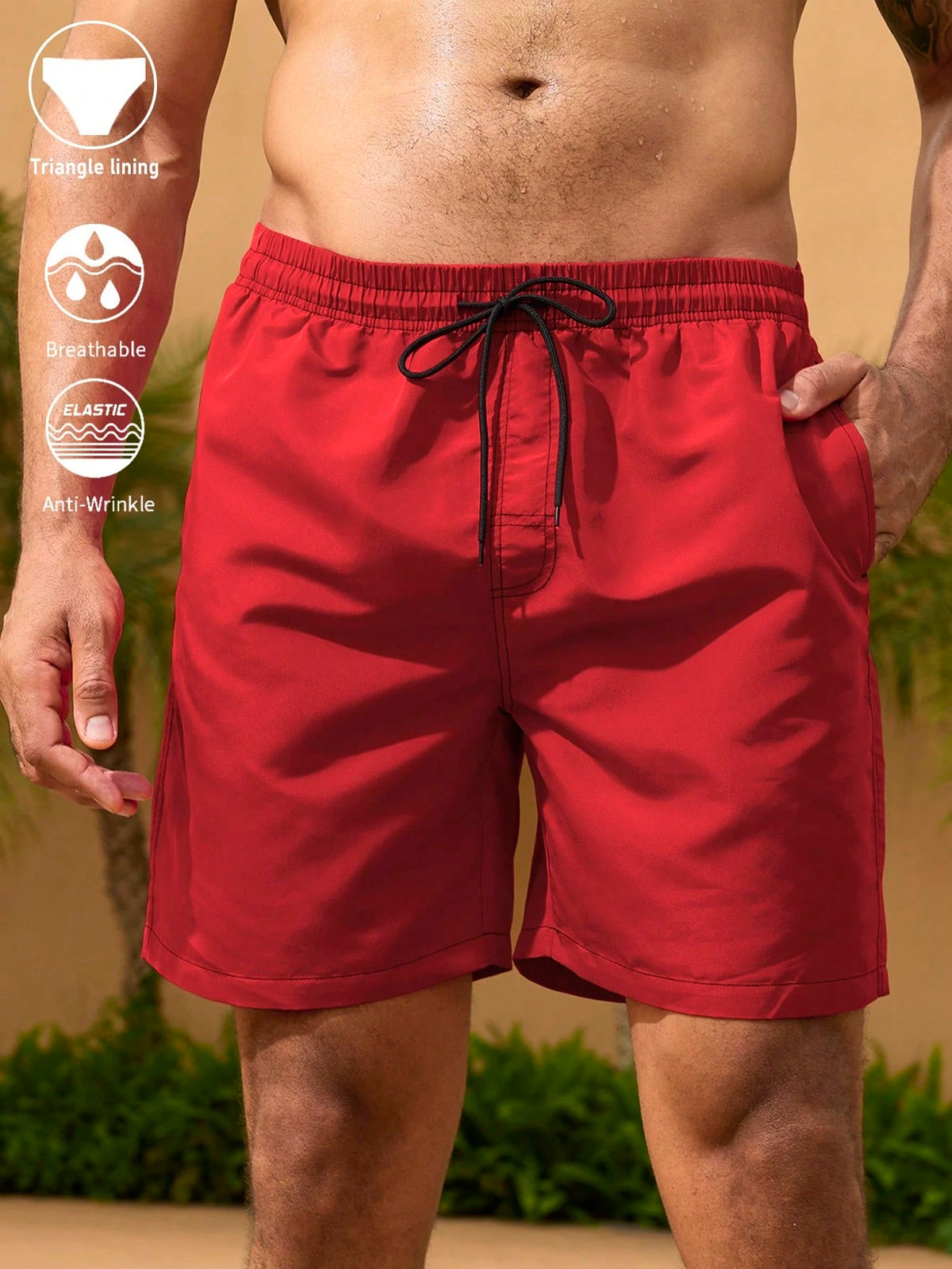Surfspeed Plus Size Men's Red Solid Color Casual Tropical Beach Vacation Shorts, Summer Holiday Hawaii Swim Trunks, Bathing Board Shorts With Triangle Lining