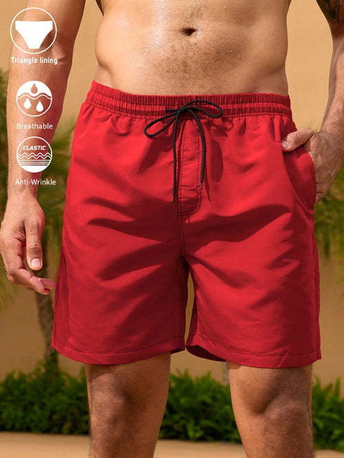 Surfspeed Plus Size Men's Red Solid Color Casual Tropical Beach Vacation Shorts, Summer Holiday Hawaii Swim Trunks, Bathing Board Shorts With Triangle Lining
