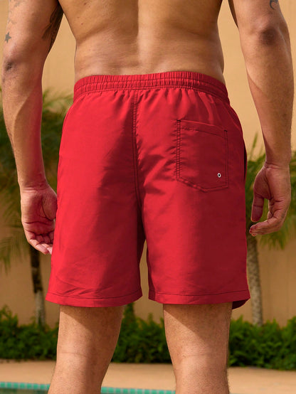Surfspeed Plus Size Men's Red Solid Color Casual Tropical Beach Vacation Shorts, Summer Holiday Hawaii Swim Trunks, Bathing Board Shorts With Triangle Lining