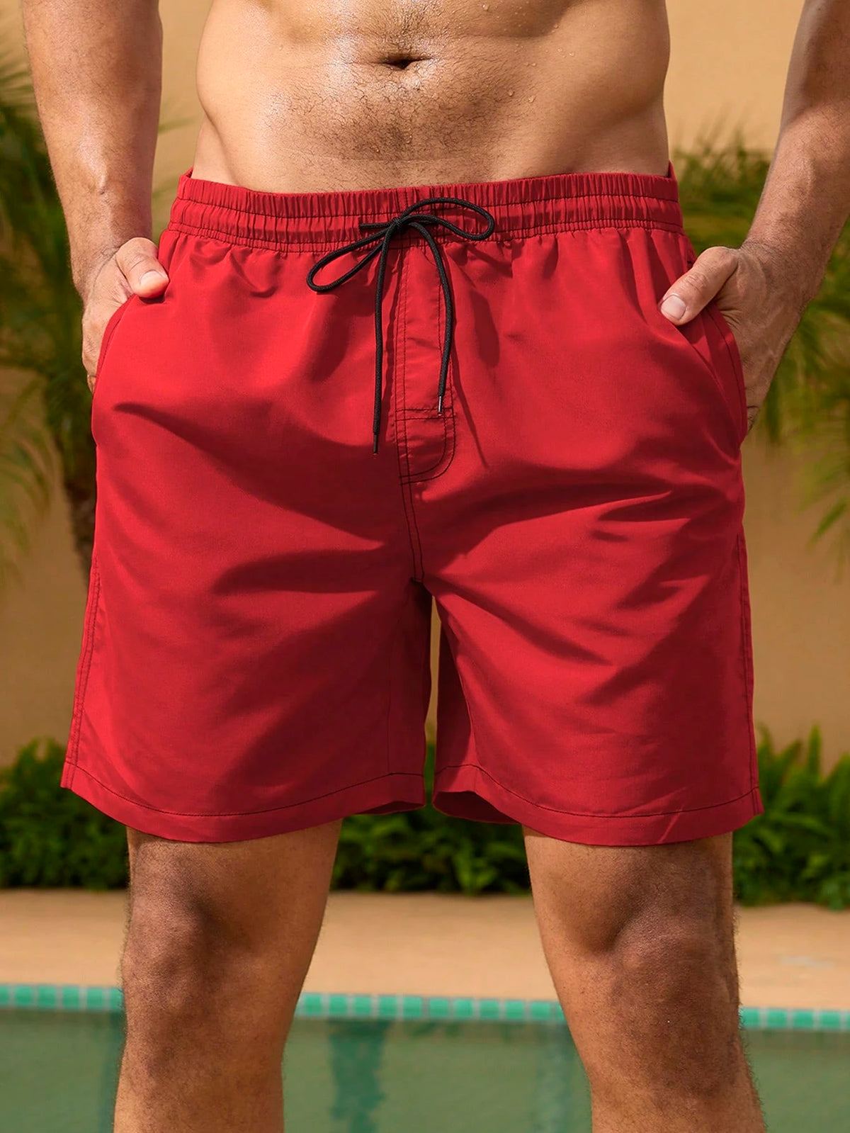 Surfspeed Plus Size Men's Red Solid Color Casual Tropical Beach Vacation Shorts, Summer Holiday Hawaii Swim Trunks, Bathing Board Shorts With Triangle Lining