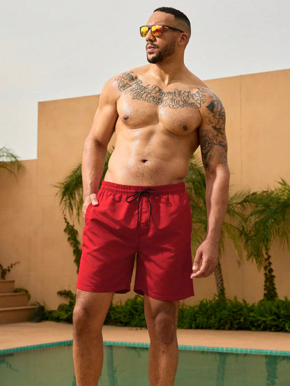 Surfspeed Plus Size Men's Red Solid Color Casual Tropical Beach Vacation Shorts, Summer Holiday Hawaii Swim Trunks, Bathing Board Shorts With Triangle Lining