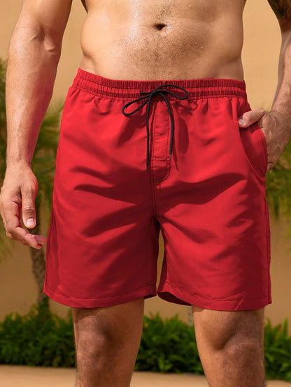 Surfspeed Plus Size Men's Red Solid Color Casual Tropical Beach Vacation Shorts, Summer Holiday Hawaii Swim Trunks, Bathing Board Shorts With Triangle Lining