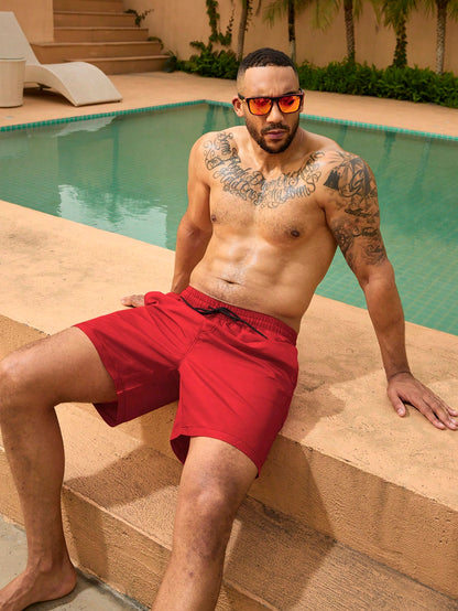 Surfspeed Plus Size Men's Red Solid Color Casual Tropical Beach Vacation Shorts, Summer Holiday Hawaii Swim Trunks, Bathing Board Shorts With Triangle Lining