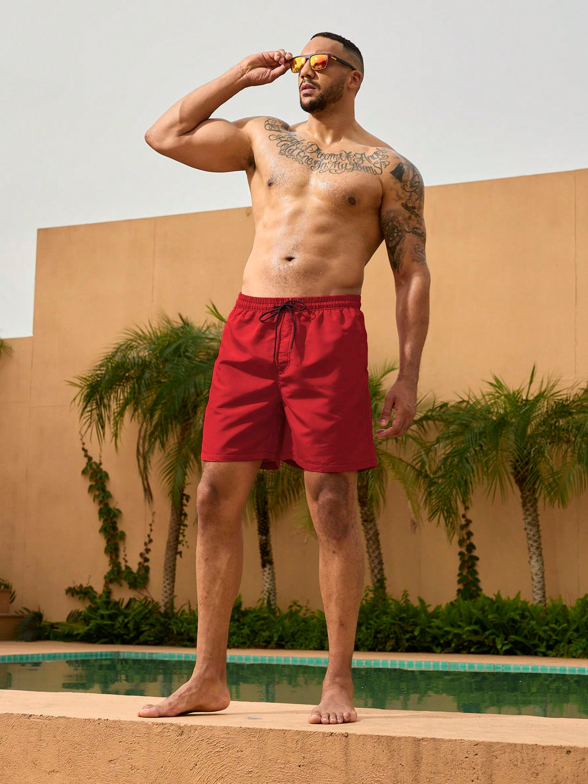Surfspeed Plus Size Men's Red Solid Color Casual Tropical Beach Vacation Shorts, Summer Holiday Hawaii Swim Trunks, Bathing Board Shorts With Triangle Lining