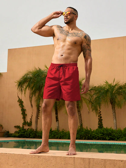 Surfspeed Plus Size Men's Red Solid Color Casual Tropical Beach Vacation Shorts, Summer Holiday Hawaii Swim Trunks, Bathing Board Shorts With Triangle Lining