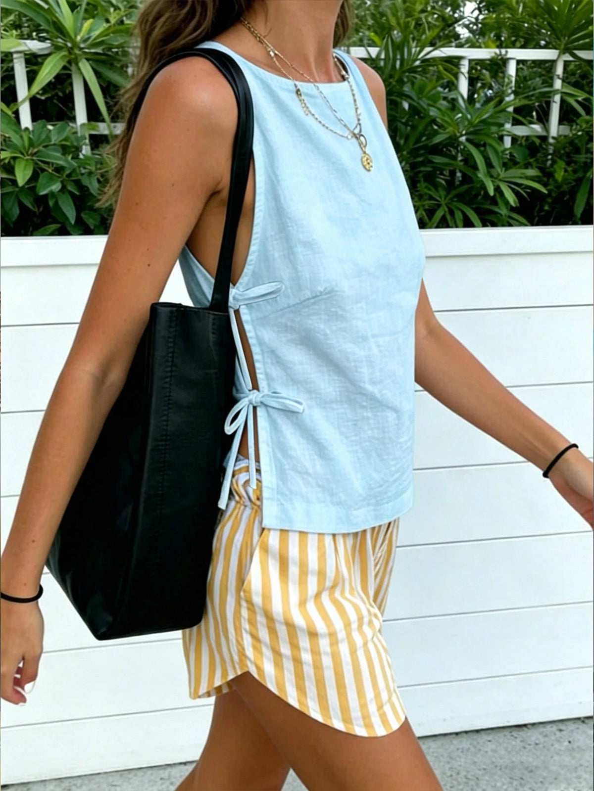 SuriyaCove Faux Linen Side Tie Fashion Holiday Beach Casual Sexy Woven Top