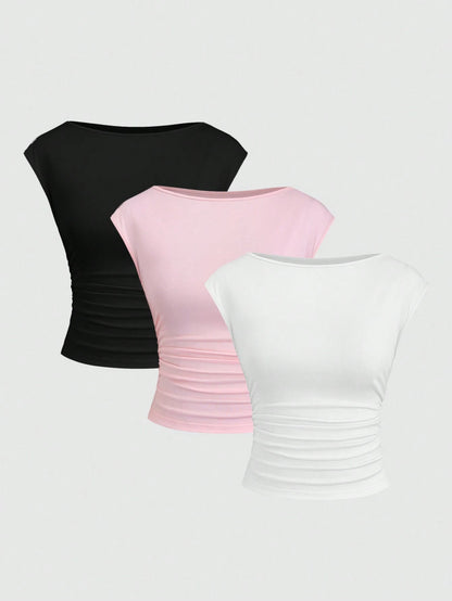 Sweetra 3-Piece Set Women Sexy Hollow-Out Backless Breathable & Sweat-Absorbent Fitted Short Sleeve T-Shirt