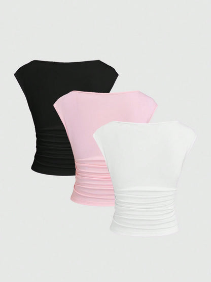 Sweetra 3-Piece Set Women Sexy Hollow-Out Backless Breathable & Sweat-Absorbent Fitted Short Sleeve T-Shirt
