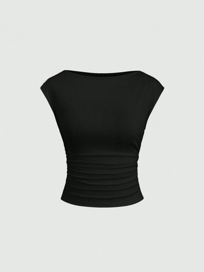 Sweetra 3-Piece Set Women Sexy Hollow-Out Backless Breathable & Sweat-Absorbent Fitted Short Sleeve T-Shirt