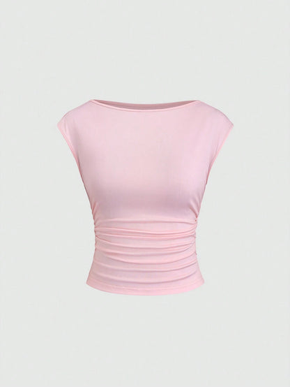Sweetra 3-Piece Set Women Sexy Hollow-Out Backless Breathable & Sweat-Absorbent Fitted Short Sleeve T-Shirt