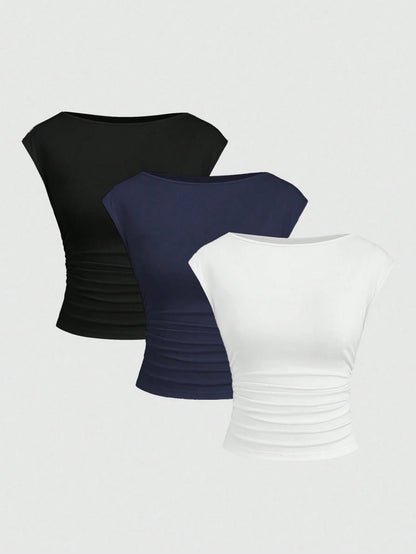 Sweetra 3-Piece Set Women Sexy Hollow-Out Backless Breathable & Sweat-Absorbent Fitted Short Sleeve T-Shirt