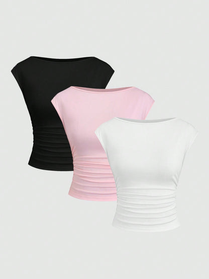 Sweetra 3-Piece Set Women Sexy Hollow-Out Backless Breathable & Sweat-Absorbent Fitted Short Sleeve T-Shirt