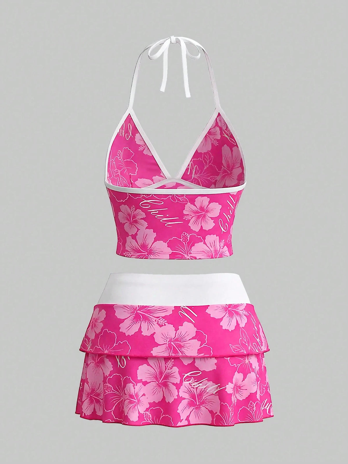 Sweetra CURVE 2026 Spring/Summer Plus Size Women's Fuchsia Floral Print Halter Top, Casual Resort Beach Party Swimwear Set Vacation