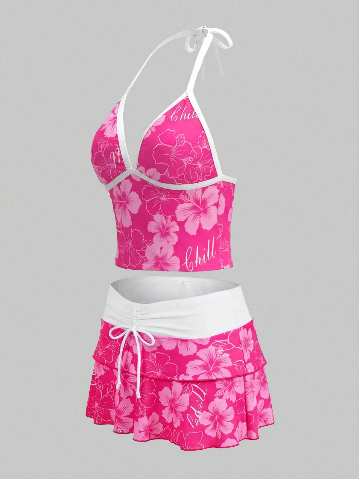 Sweetra CURVE 2026 Spring/Summer Plus Size Women's Fuchsia Floral Print Halter Top, Casual Resort Beach Party Swimwear Set Vacation