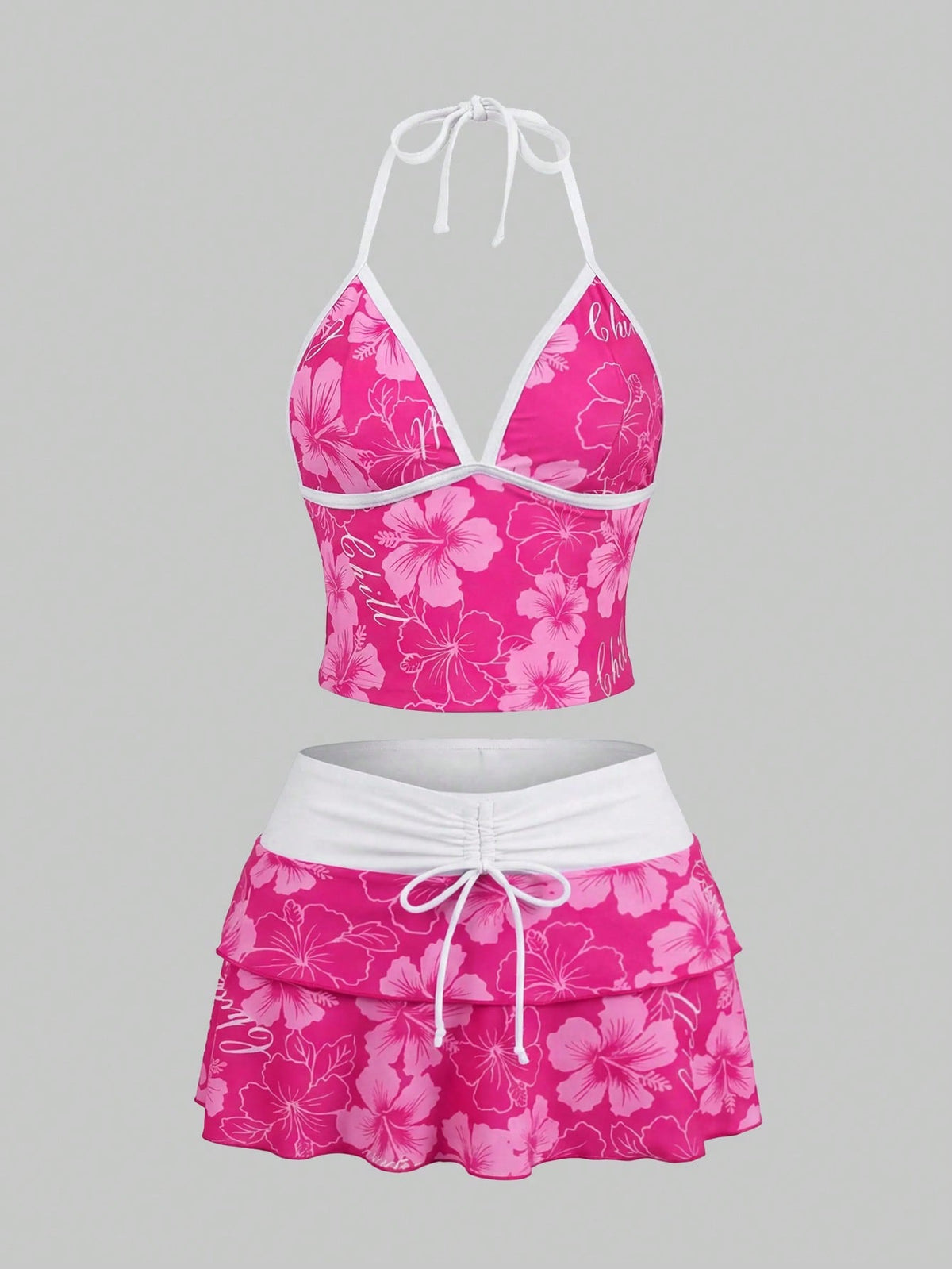Sweetra CURVE 2026 Spring/Summer Plus Size Women's Fuchsia Floral Print Halter Top, Casual Resort Beach Party Swimwear Set Vacation