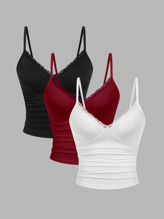 Sweetra CURVE 3pcs Plus Size Women Lace Camisole Top Set, Casual And Comfortable