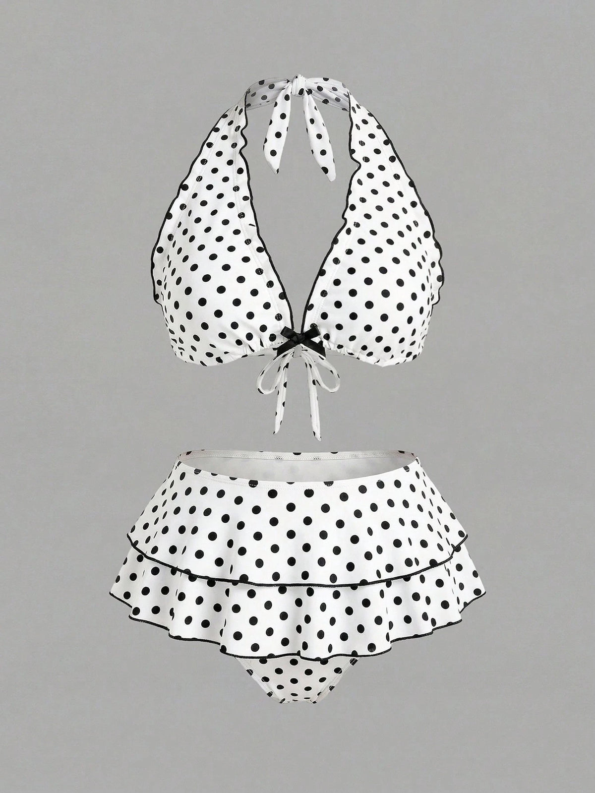 Sweetra CURVE Plus Size Women 2pcs Black Polka Dot Print Halter Tie Sexy Beach Vacation Bikini Swimsuit