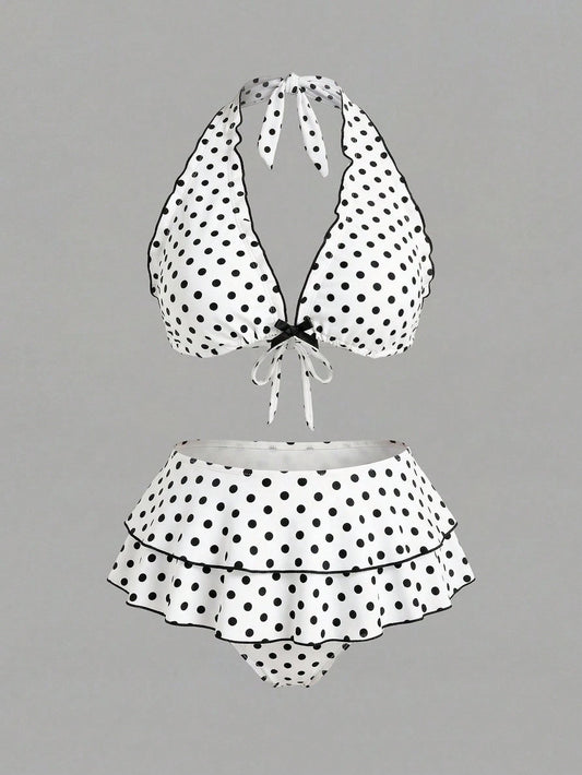 Sweetra CURVE Plus Size Women 2pcs Black Polka Dot Print Halter Tie Sexy Beach Vacation Bikini Swimsuit