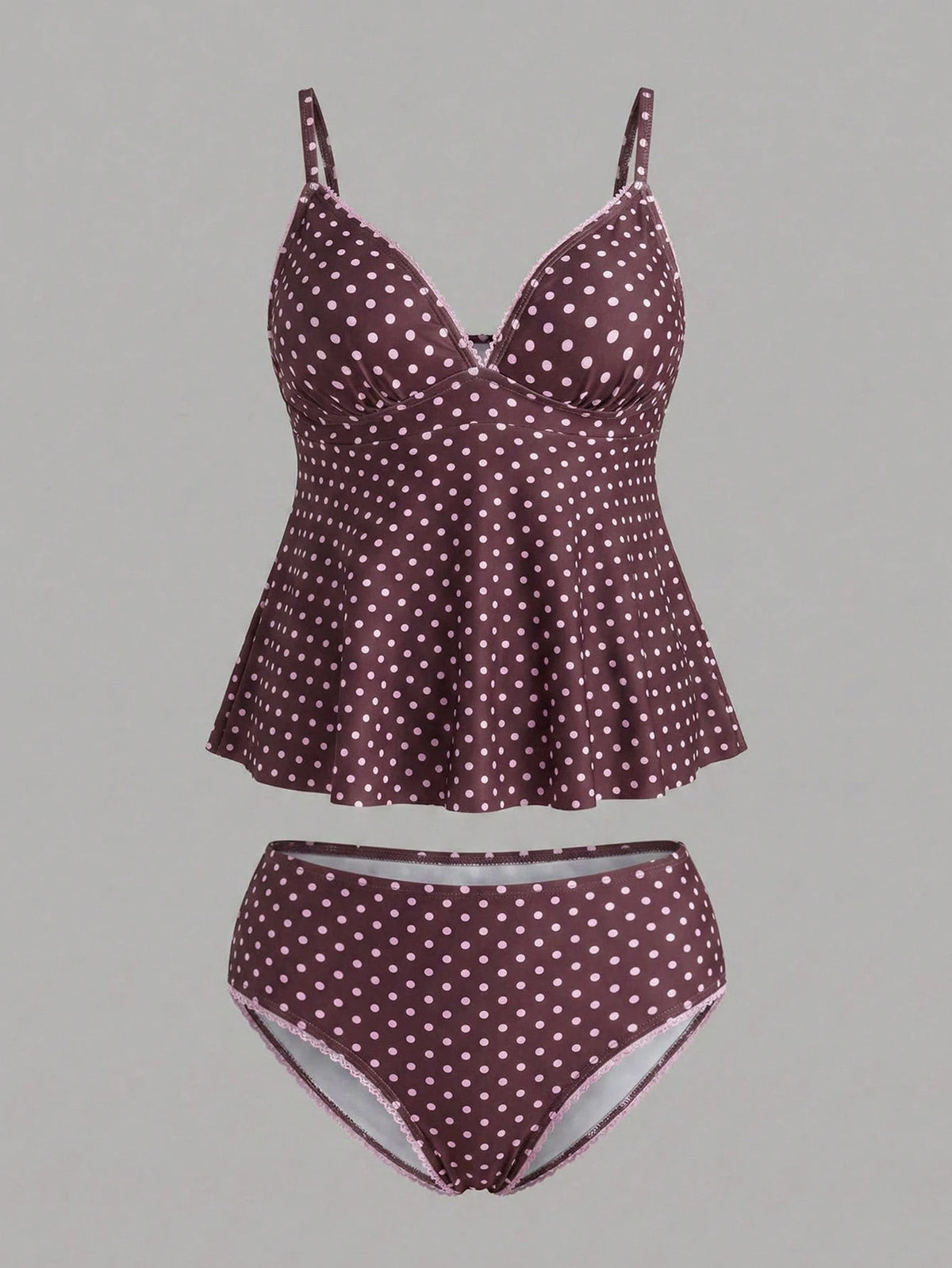 Sweetra CURVE Plus Size Women's Polka Dot Print Deep V-Neck Ruffle Top Paired With Regular Trousers, Flattering Silhouette Beach Atmosphere Women's Swimwear Set