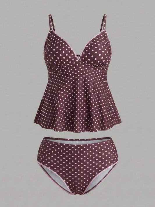 Sweetra CURVE Plus Size Women's Polka Dot Print Deep V-Neck Ruffle Top Paired With Regular Trousers, Flattering Silhouette Beach Atmosphere Women's Swimwear Set