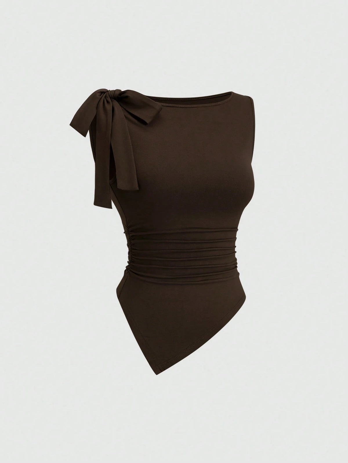 Sweetra Elegant,Dark Brown Summer Camisole Top For Dinner Date,Vintage Sleeveless Round Neck Bow Tie Waist Ruched Asymmetric Hem Socialite Minimalist Top