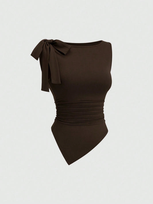 Sweetra Elegant,Dark Brown Summer Camisole Top For Dinner Date,Vintage Sleeveless Round Neck Bow Tie Waist Ruched Asymmetric Hem Socialite Minimalist Top