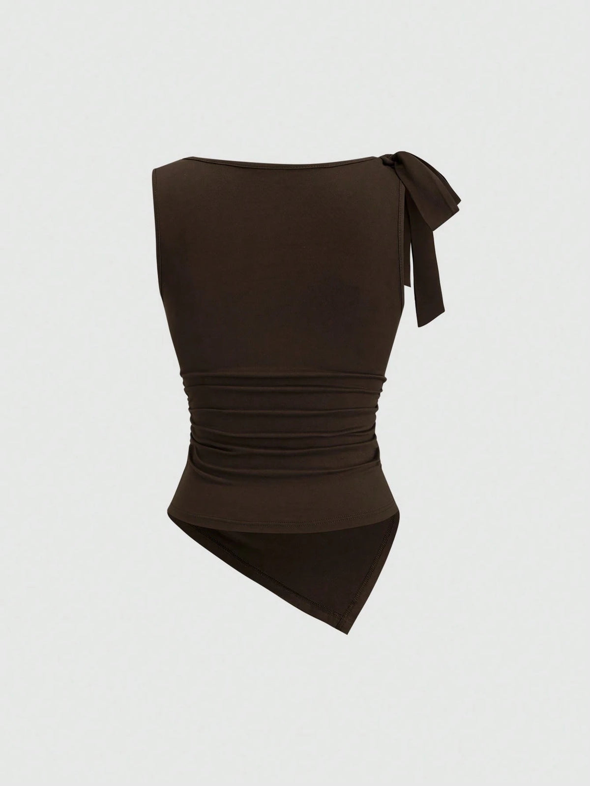 Sweetra Elegant,Dark Brown Summer Camisole Top For Dinner Date,Vintage Sleeveless Round Neck Bow Tie Waist Ruched Asymmetric Hem Socialite Minimalist Top