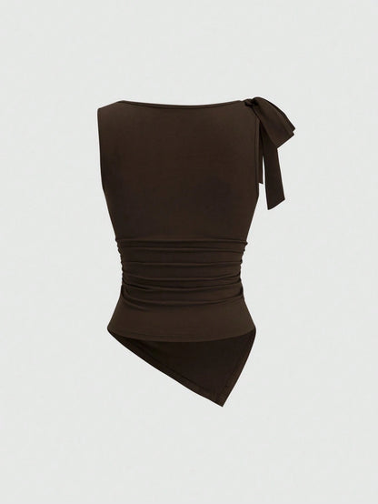 Sweetra Elegant,Dark Brown Summer Camisole Top For Dinner Date,Vintage Sleeveless Round Neck Bow Tie Waist Ruched Asymmetric Hem Socialite Minimalist Top